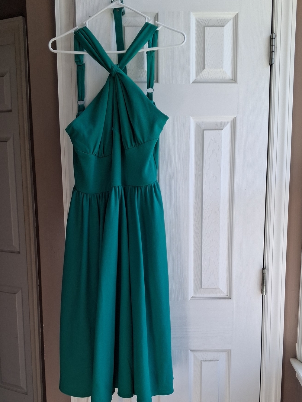 Vixen by Micheline Pitt Teal Halter Midi Dress with Belt and Scarf.